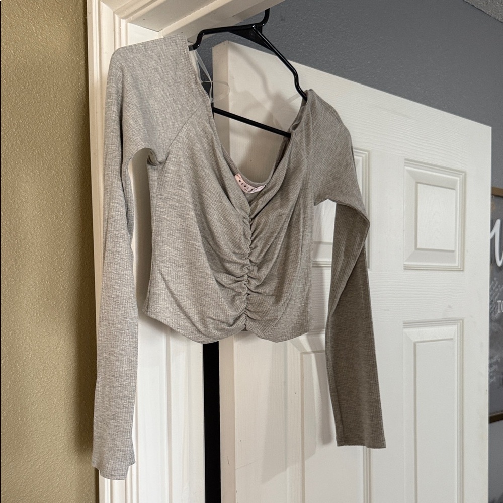 Blue Blush Heather Gray Off Shoulder Ruched Crop Top